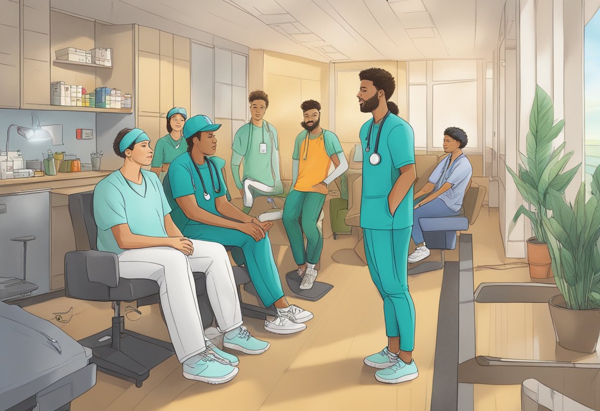 A Digital illustration of a meeting of young adult doctors and nurses in a warm sun filled room.