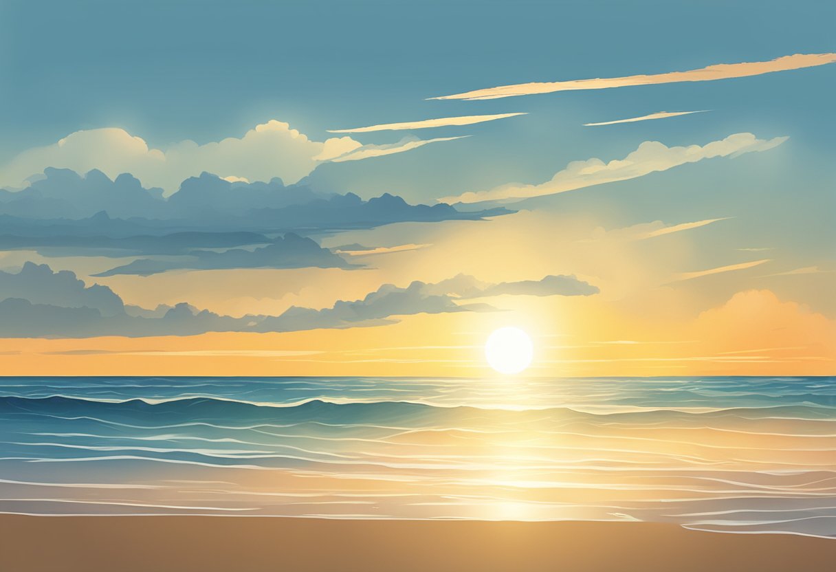 A digital illustration of a sunset over the ocean on a beach.