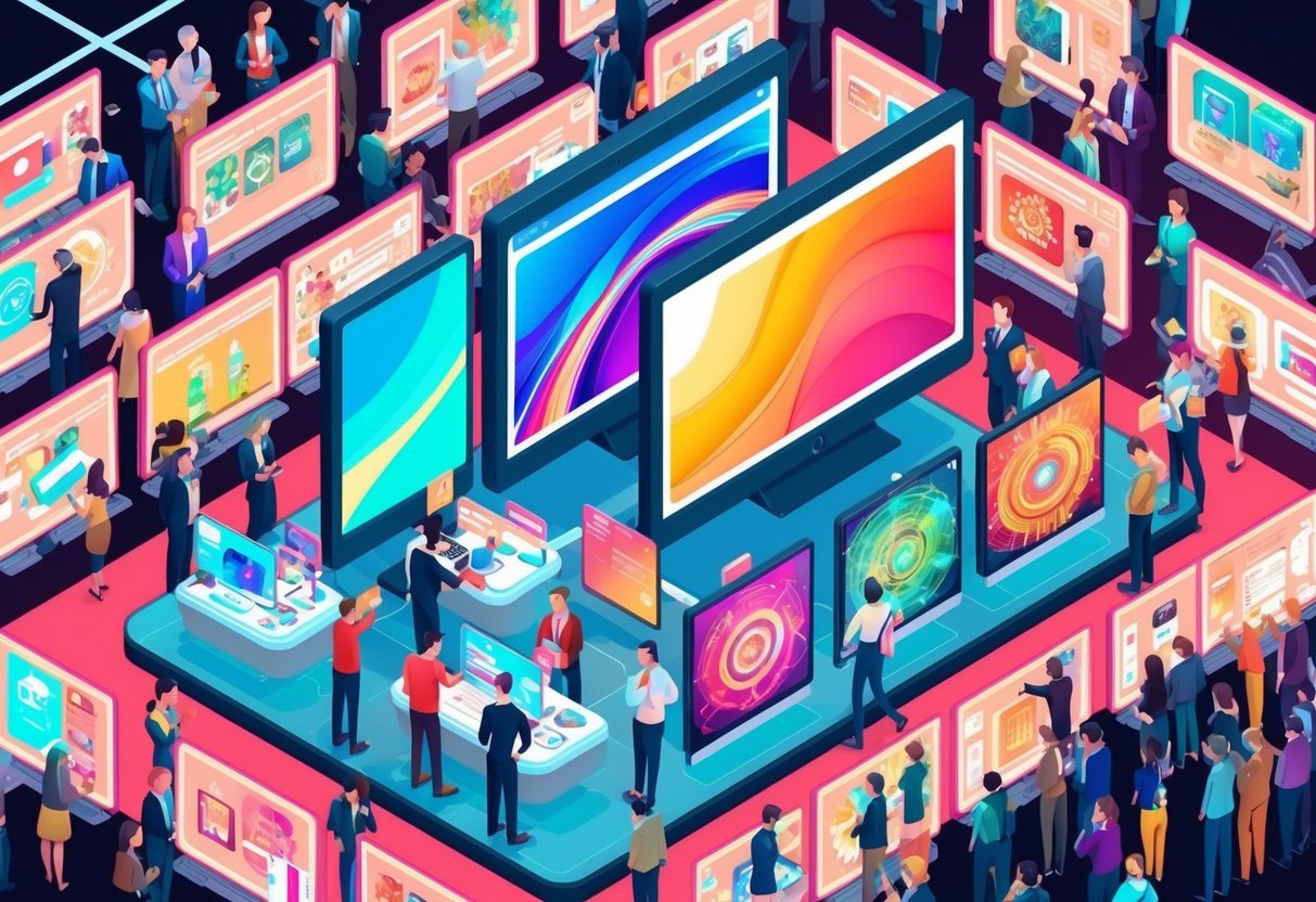 Vibrant digital artwork displayed on screens, surrounded by a bustling crowd of buyers and sellers in a futuristic marketplace