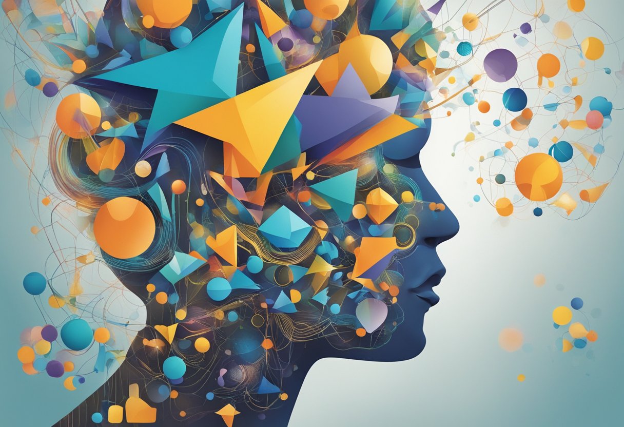 A digital illustration of a female silhouette with geometric shapes being used as a "chaotic mind"