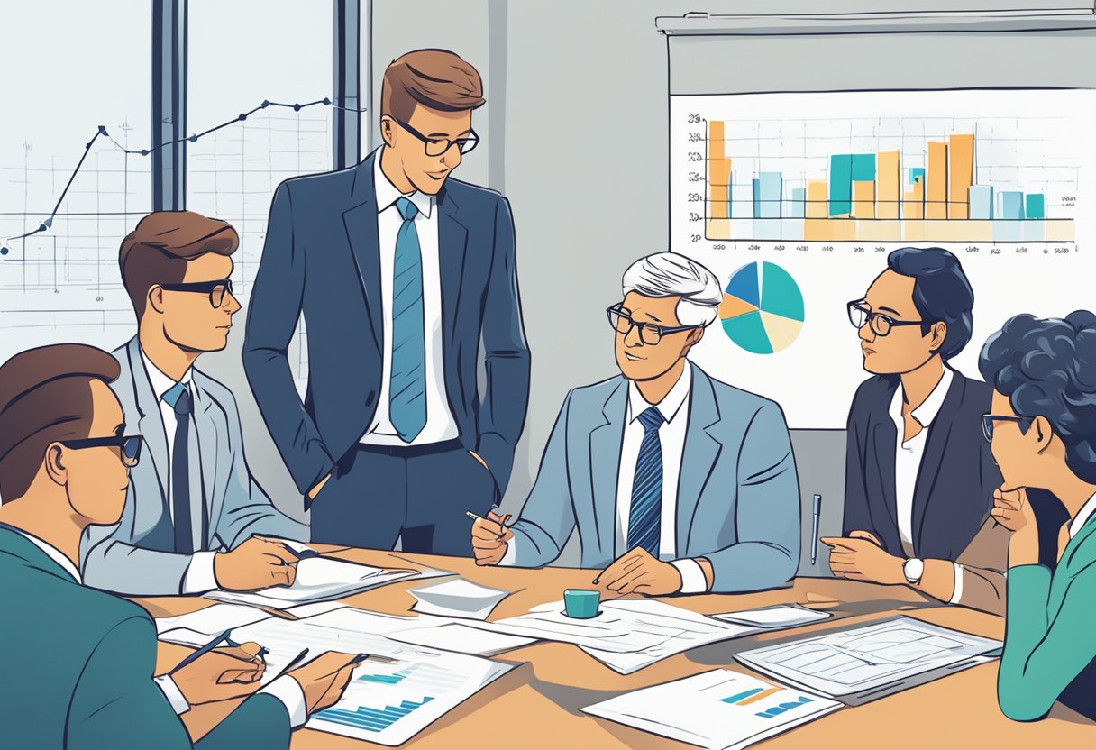 A group of financial experts discussing the importance of naming a successor holder for an RDSP, surrounded by charts and graphs