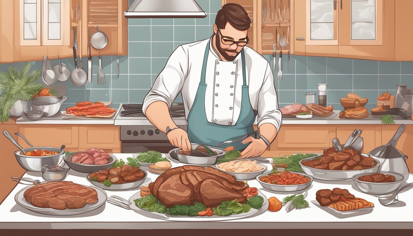 A carnivore dieter preparing meat dishes for a social event, surrounded by various cuts of meat, cooking utensils, and a festive table setting