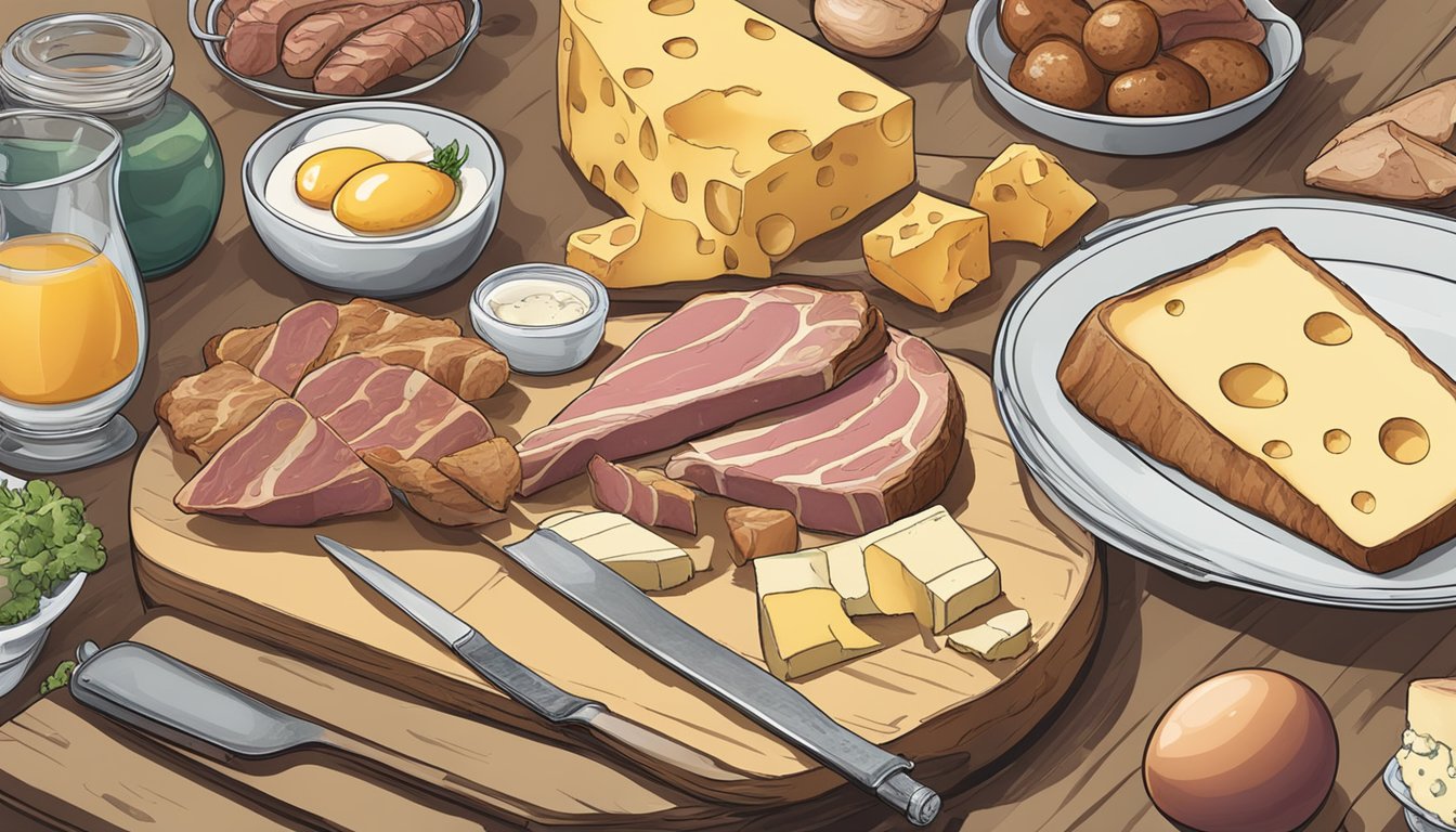 A table set with various meats, eggs, and cheese. A person's journal and scale sit nearby, showing progress