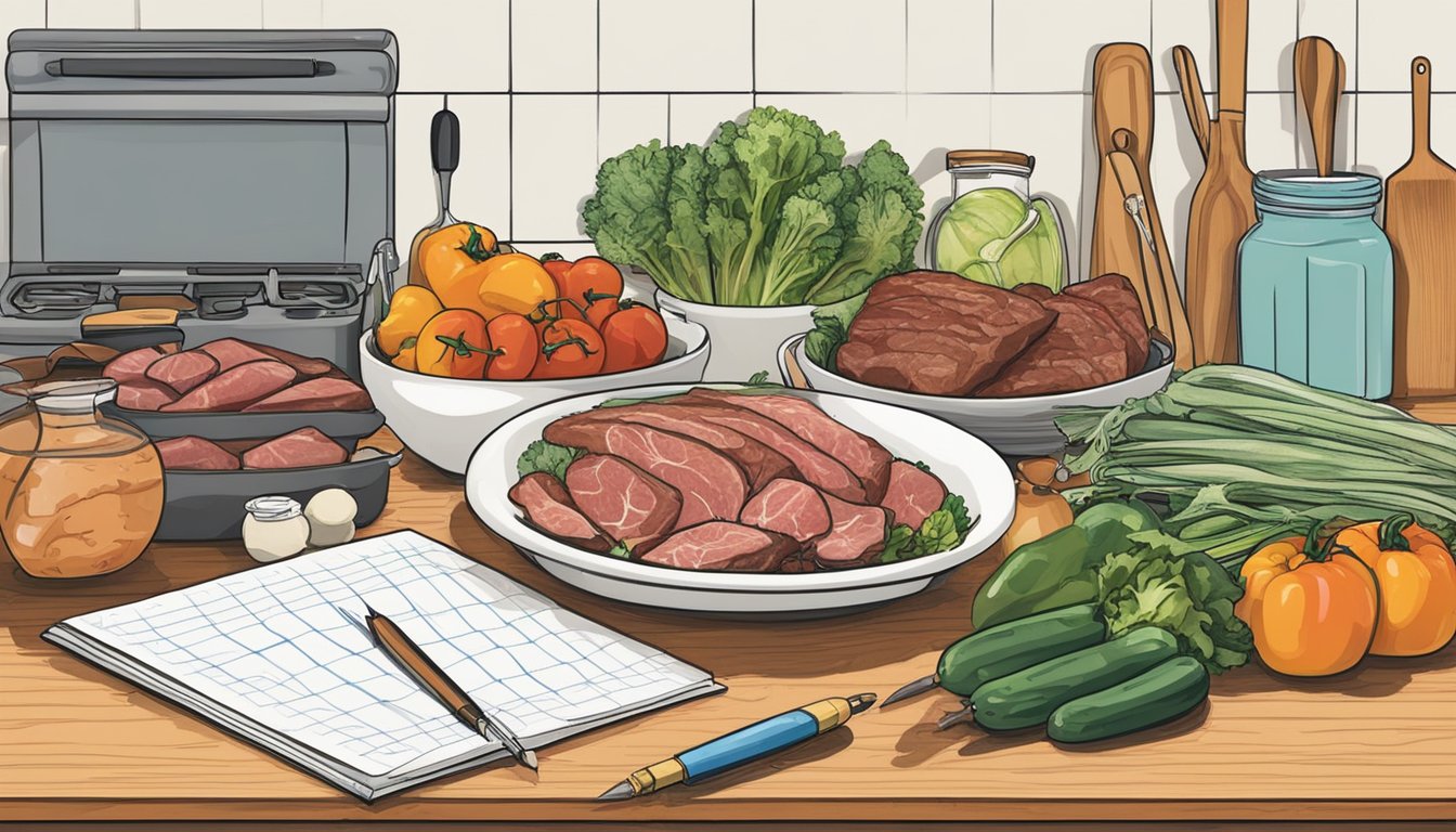 A kitchen counter with a variety of raw meats, vegetables, and cooking utensils. A person's journal and pen sit nearby, with a scale and measuring tape in the background