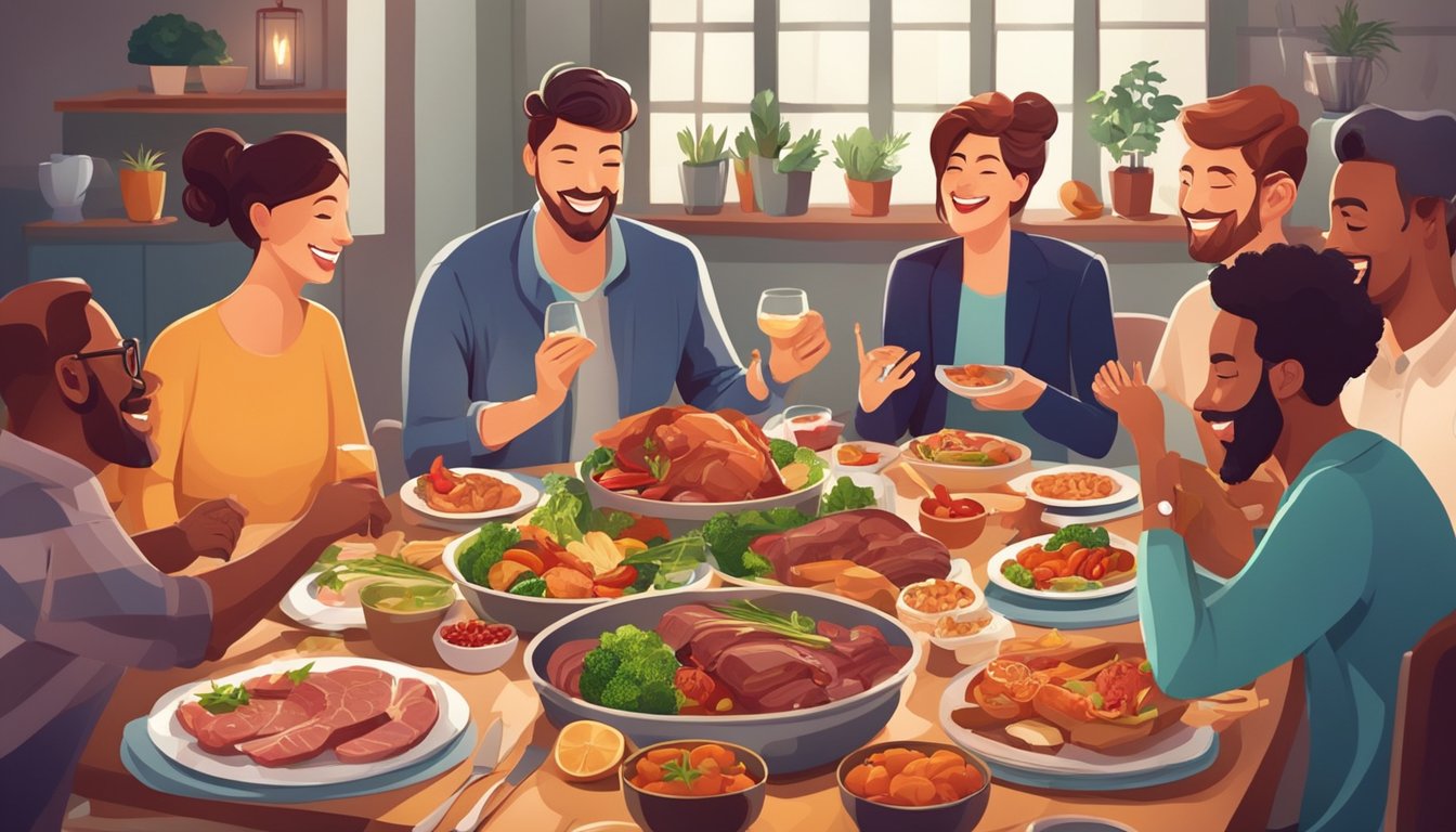 A dinner table with a variety of meats and vegetables, surrounded by friends and family engaged in conversation and laughter