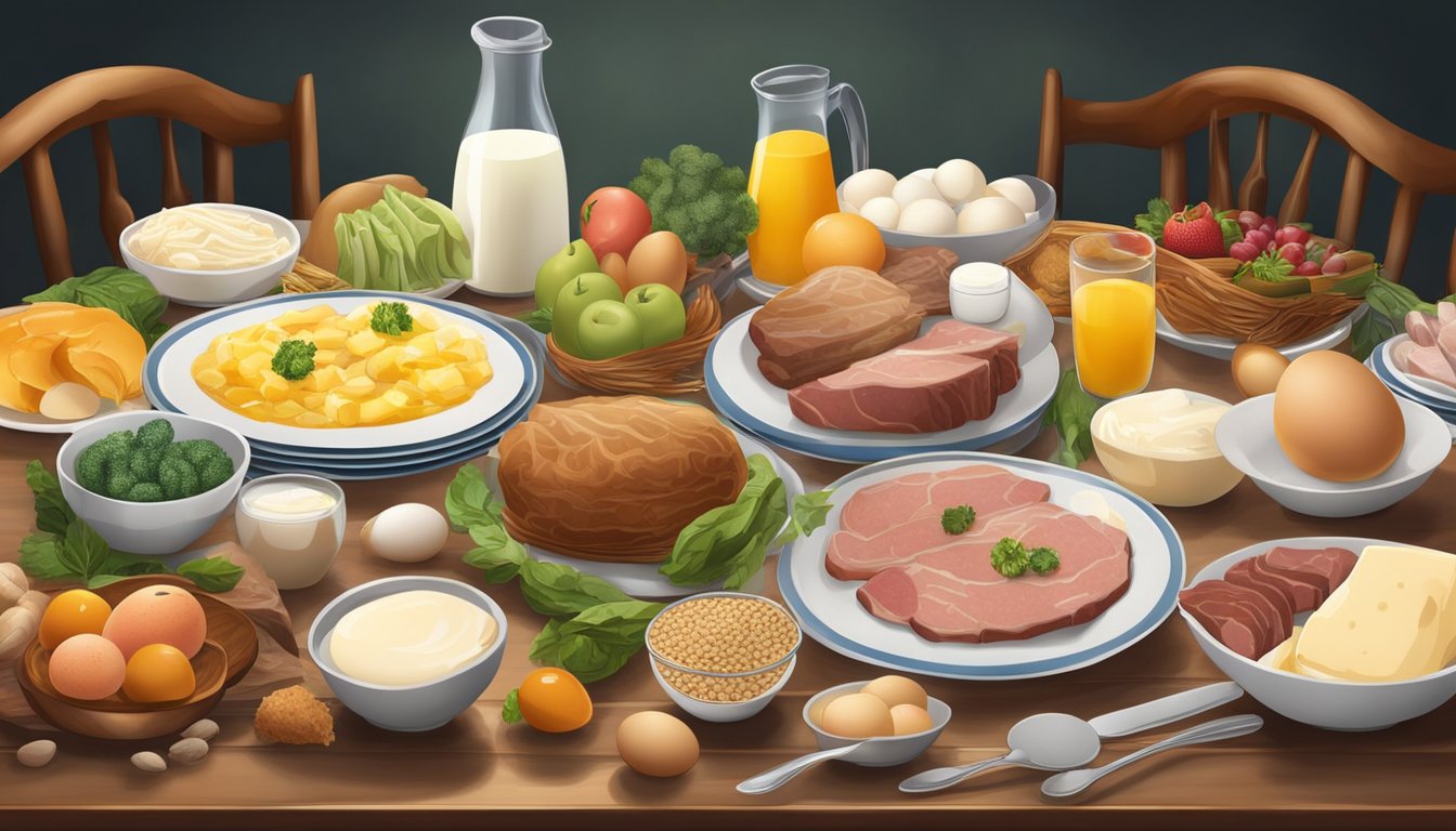 A dining table with a variety of meats, eggs, and dairy products. Fruits, vegetables, and grains are noticeably absent. The atmosphere is focused and determined