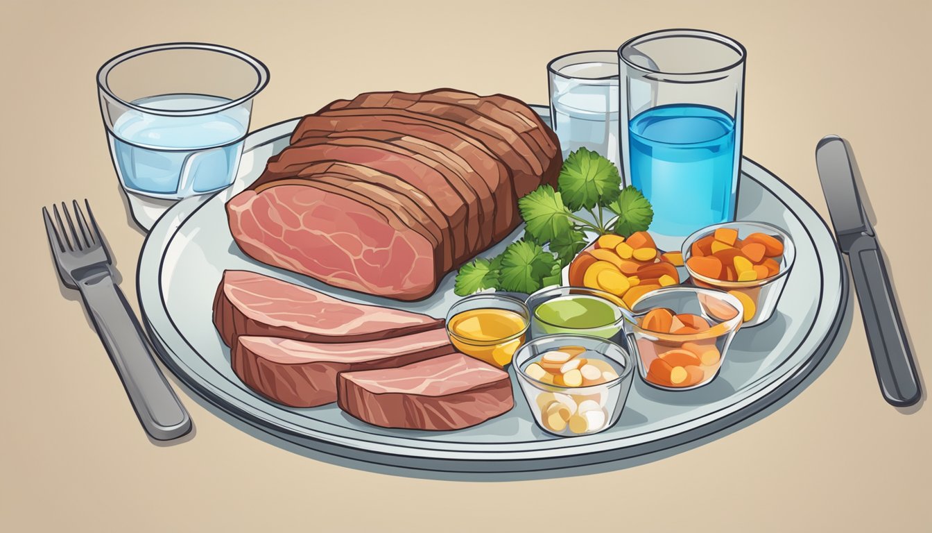 A table with a plate of meat, a glass of water, and scattered supplements. A chart showing weight loss and energy levels