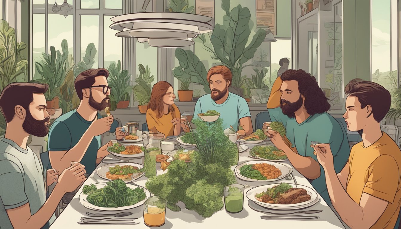 A carnivore dieter navigating a social event, surrounded by friends eating plant-based meals, feeling isolated and conflicted