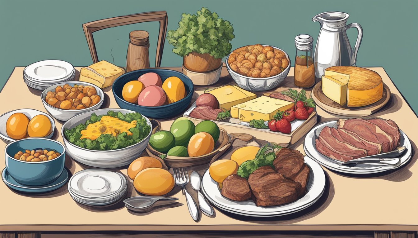 A dining table with a variety of meat, eggs, and cheese. Empty vegetable and fruit bowls sit untouched. A journal and pen are nearby