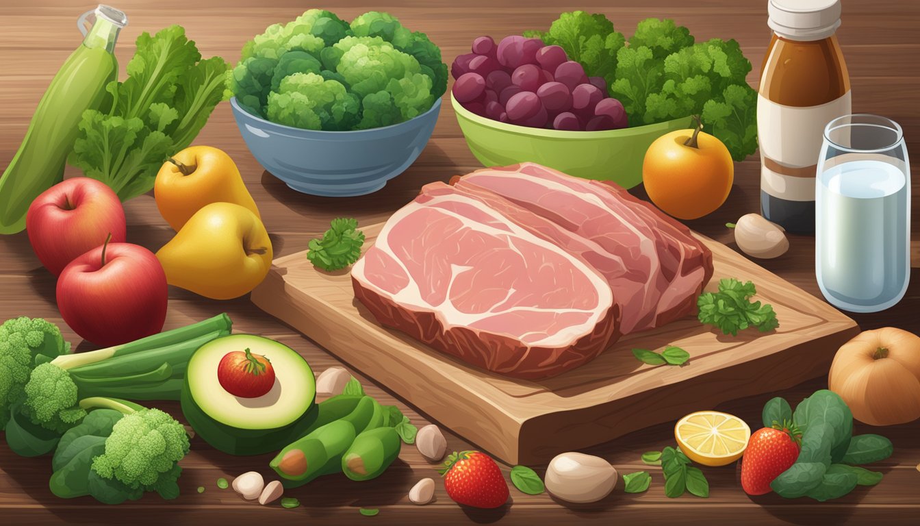 A variety of fresh, organic meats and animal products are displayed on a wooden table, surrounded by vibrant green vegetables and fruits. A bottle of supplements sits beside a glass of water