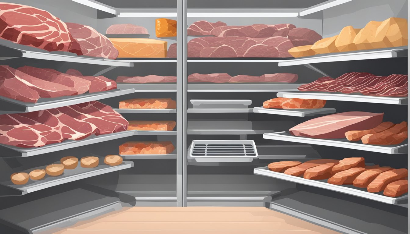 A small, well-organized meat storage area with various cuts of meat neatly arranged on shelves and in a refrigerator. A budget-friendly approach to preserving and storing meat is evident