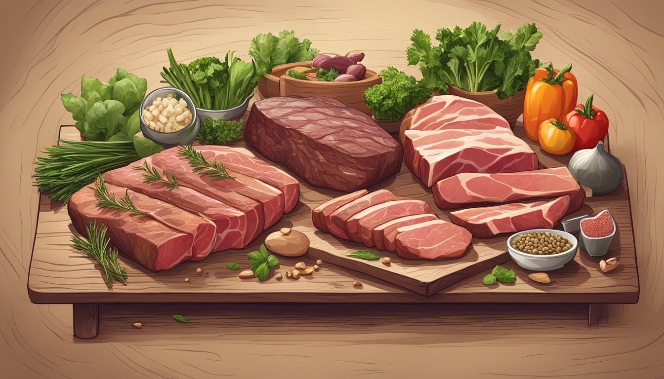 A variety of affordable cuts of meat arranged on a rustic wooden table, surrounded by fresh herbs and vegetables