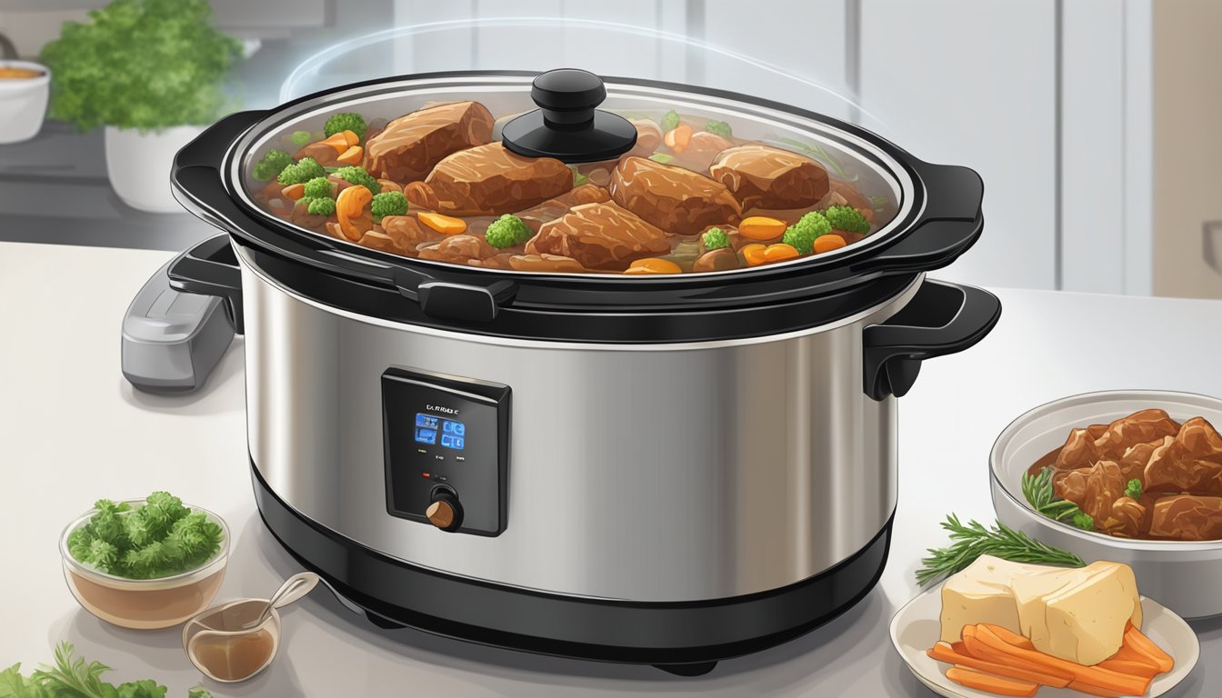 A slow cooker filled with savory meat dishes simmering on a kitchen counter, emitting a tantalizing aroma