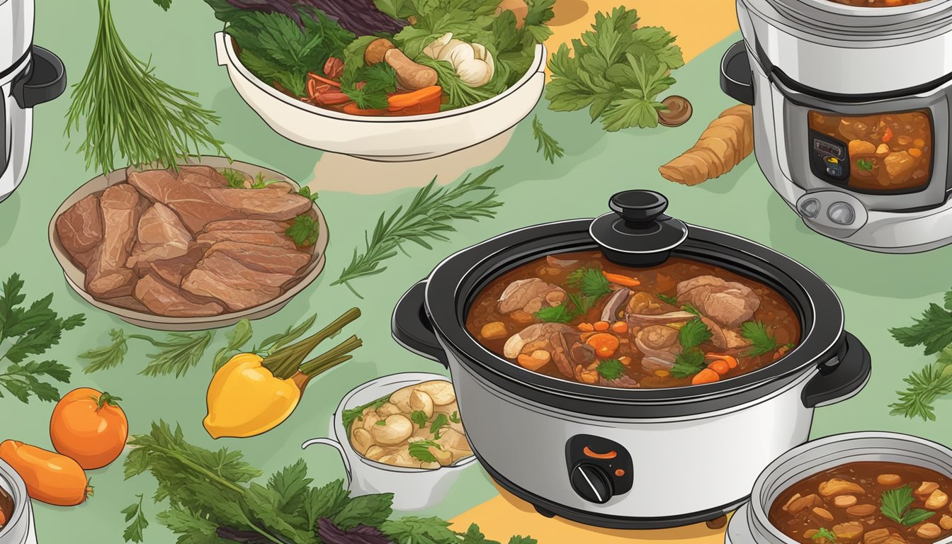 A crockpot simmering with savory meat dishes, surrounded by fresh herbs and spices