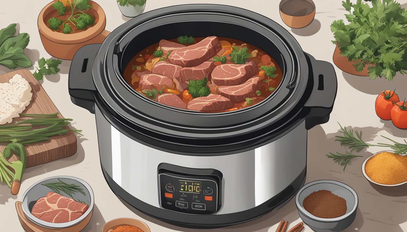 A well-maintained crockpot surrounded by raw meat and various spices on a clean kitchen counter