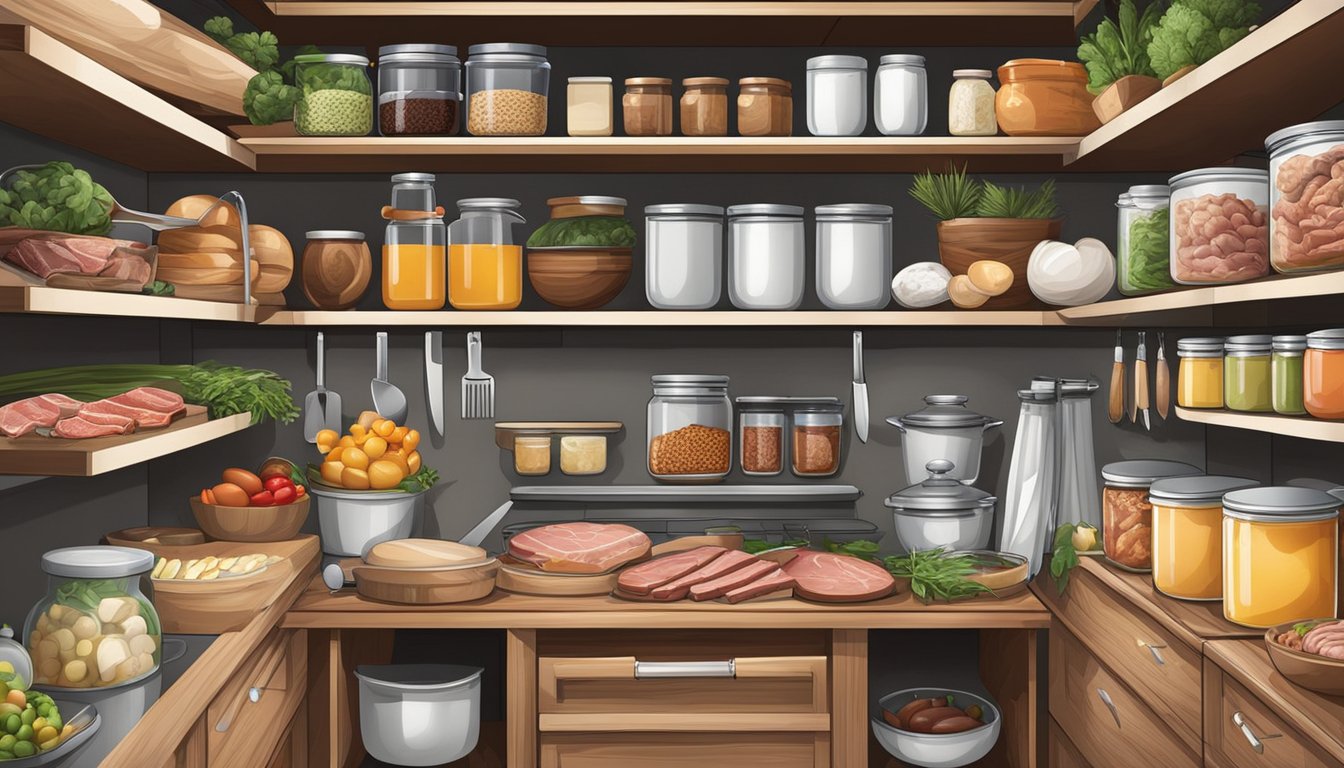 A pantry stocked with various meats, eggs, and animal-based products. Shelves filled with cutting boards, knives, and cooking utensils