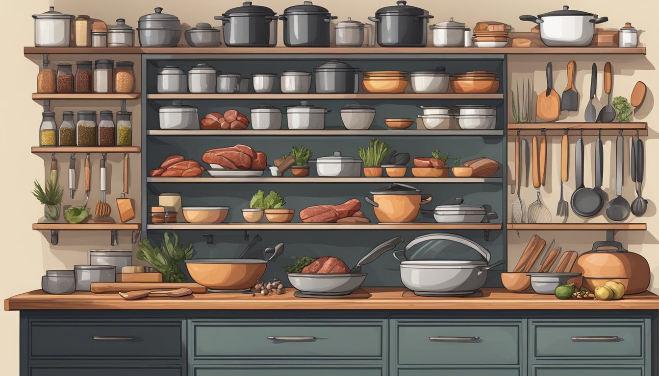 A well-stocked kitchen with sharp knives, cutting boards, cast iron skillets, and a variety of fresh meats and spices neatly organized on shelves and countertops