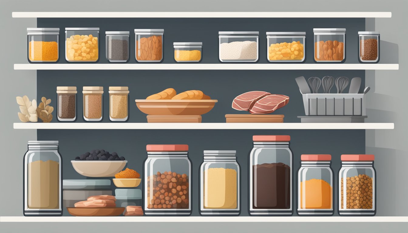 A well-stocked pantry with various meats, seasonings, and cooking tools arranged neatly on shelves and countertops