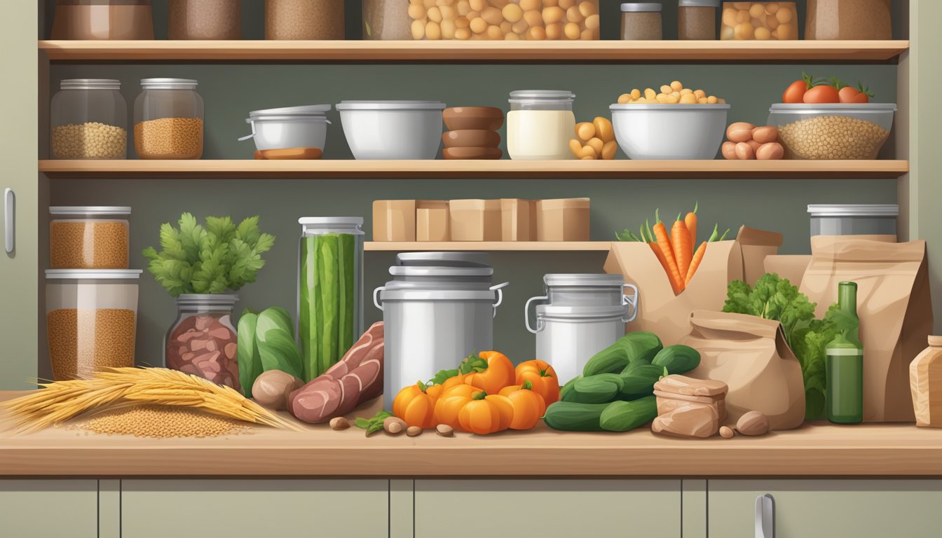 A well-stocked pantry with fresh produce, grains, and various meats, alongside cooking utensils and sustainable packaging