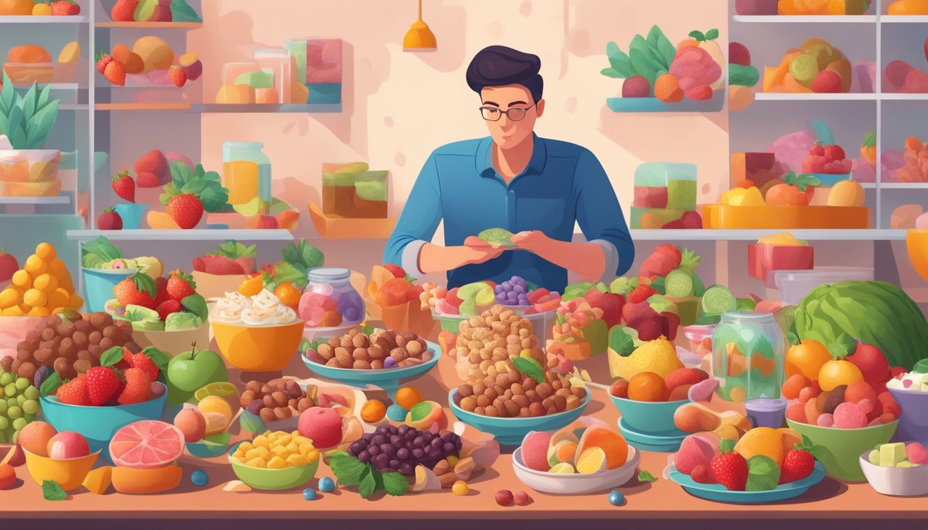 A person resisting sugary treats while surrounded by fruits, candies, and desserts, choosing to eat meat and vegetables instead