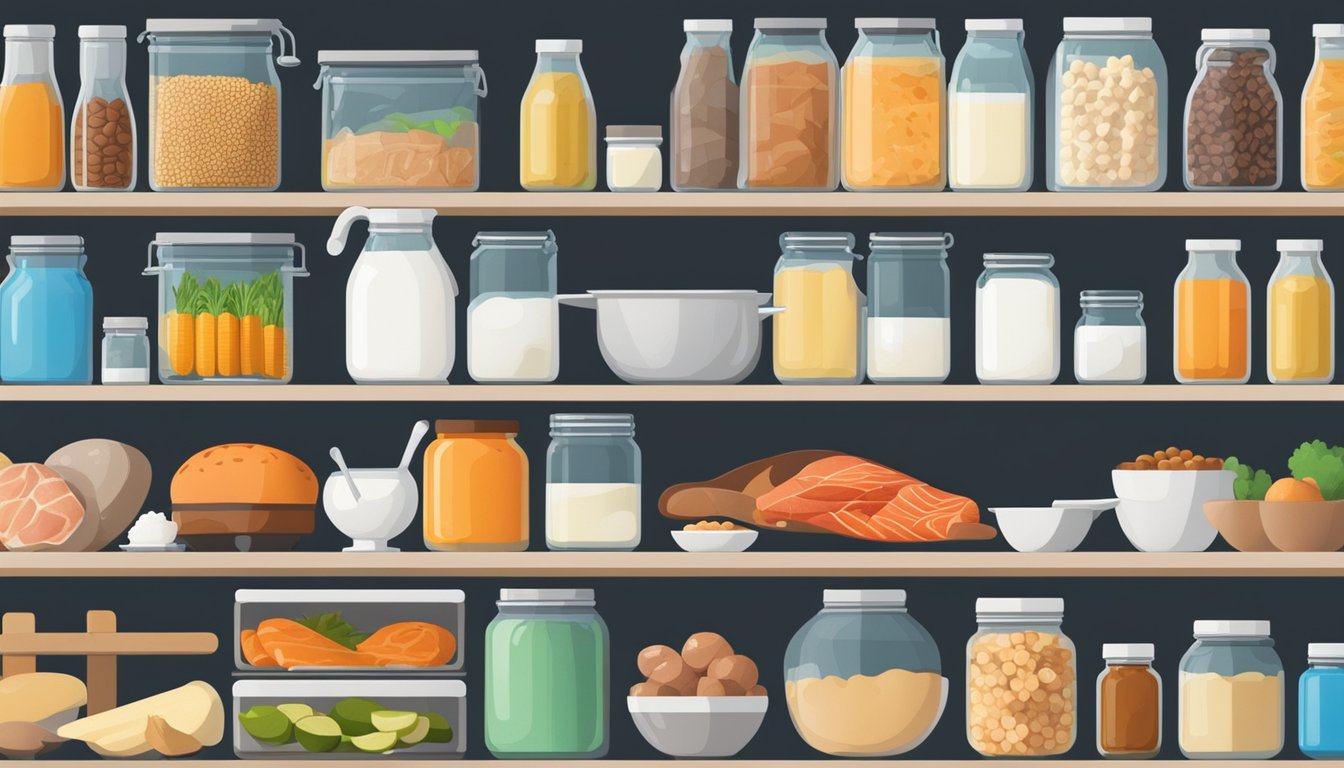 A well-stocked pantry with a variety of protein sources including meats, fish, eggs, and dairy products. Essential tools such as knives, cutting boards, and cooking utensils are neatly organized