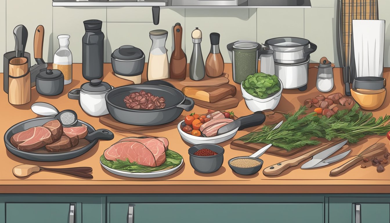 A well-stocked kitchen with various cooking utensils, spices, and fresh meats arranged neatly on the counter. A chef's knife and cutting board are ready for use