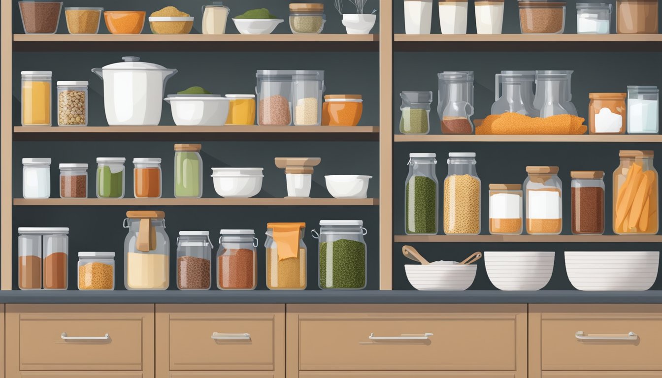 A well-organized pantry with a variety of meats, spices, and cooking tools neatly arranged on shelves and countertops