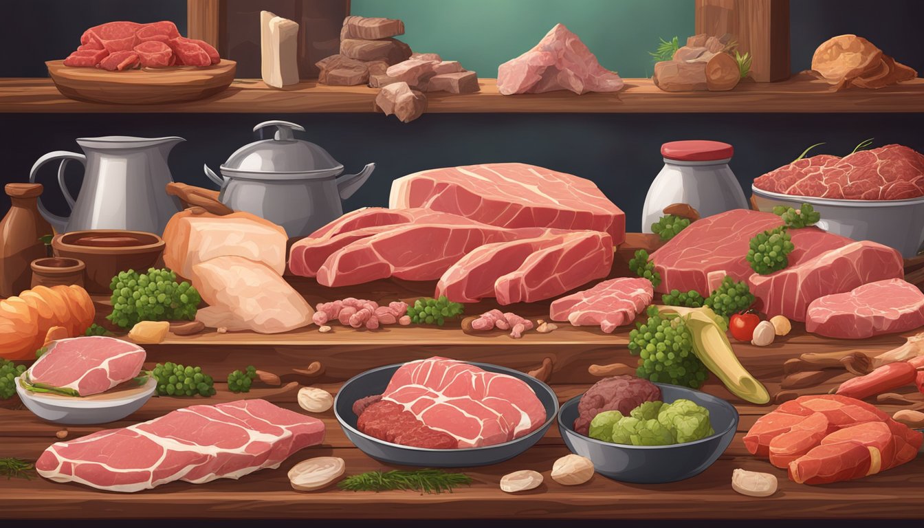 A variety of raw meats and animal products displayed on a wooden table, surrounded by bones and a carnivorous animal in the background