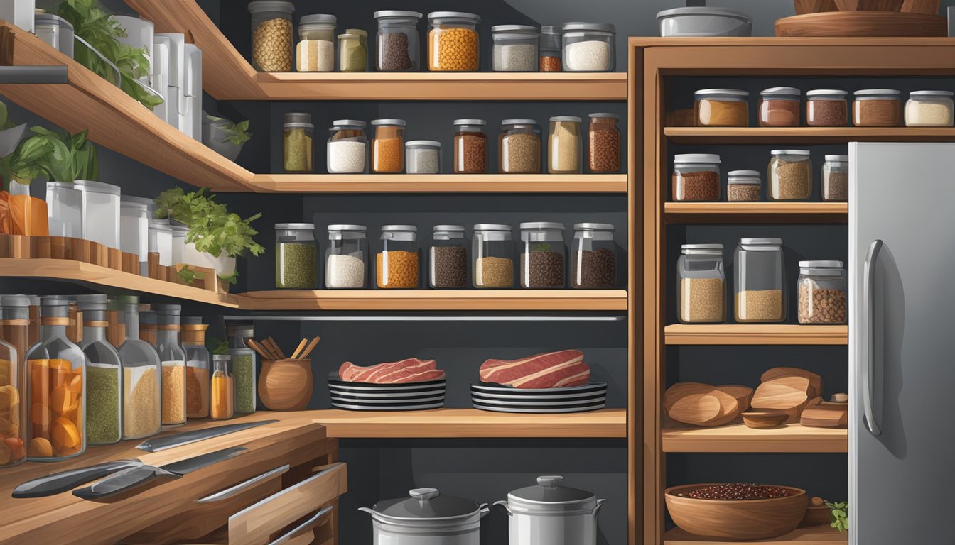 A well-stocked pantry with various knives, cutting boards, spices, and fresh meats displayed on shelves and countertops