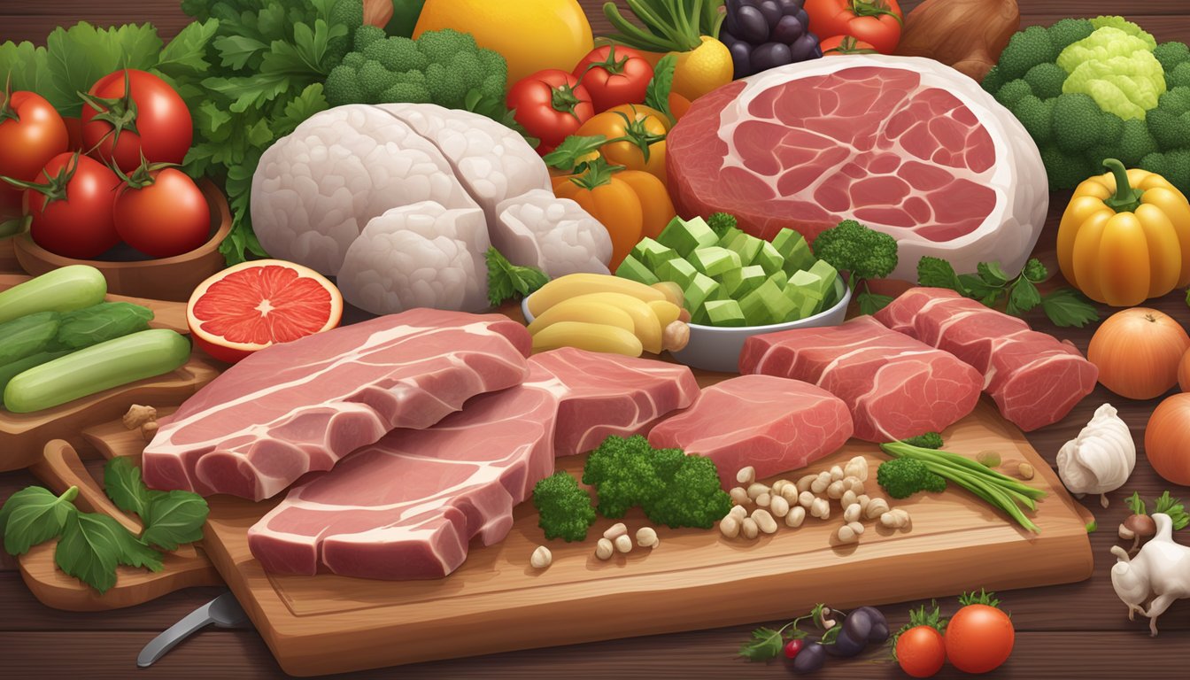 A variety of raw meats and bones arranged on a wooden cutting board, surrounded by fresh vegetables and fruits