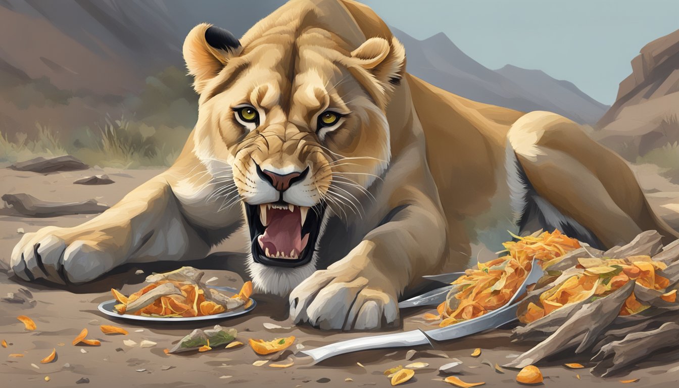 A lioness consuming a fresh kill, tearing into the flesh with powerful jaws and sharp teeth, surrounded by the remains of previous meals