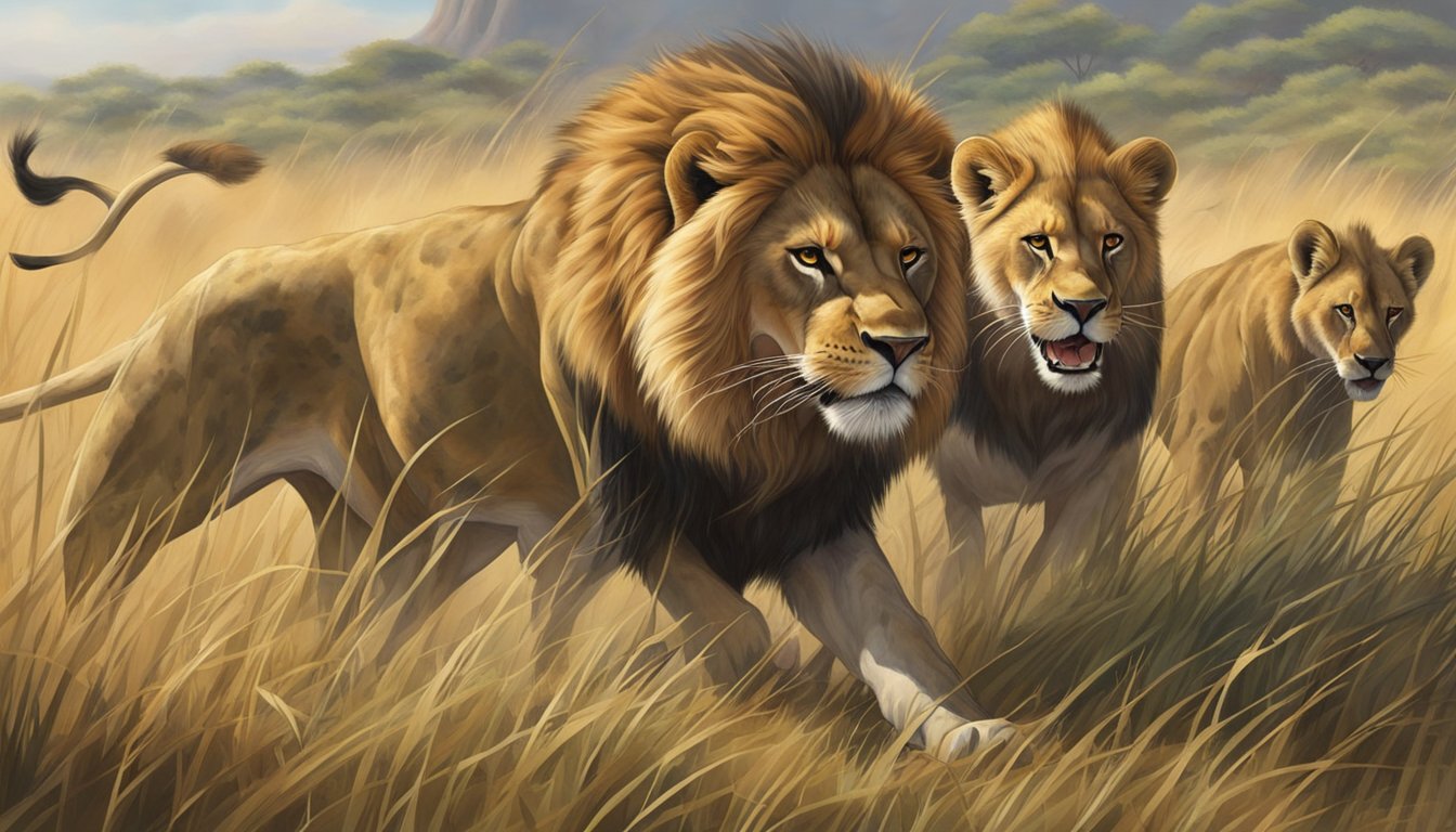 A lion confidently prowls through a grassy savanna, its powerful muscles rippling under its sleek fur. Nearby, a pack of hyenas eagerly devouring a fresh kill, their sharp teeth tearing into the meat with gusto