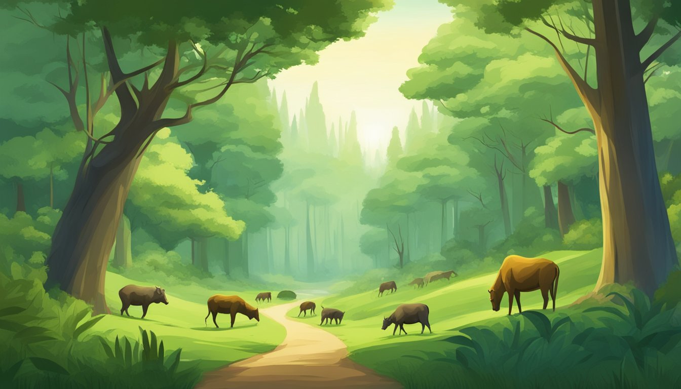 A lush green forest with a clear path leading to a group of wild animals grazing peacefully