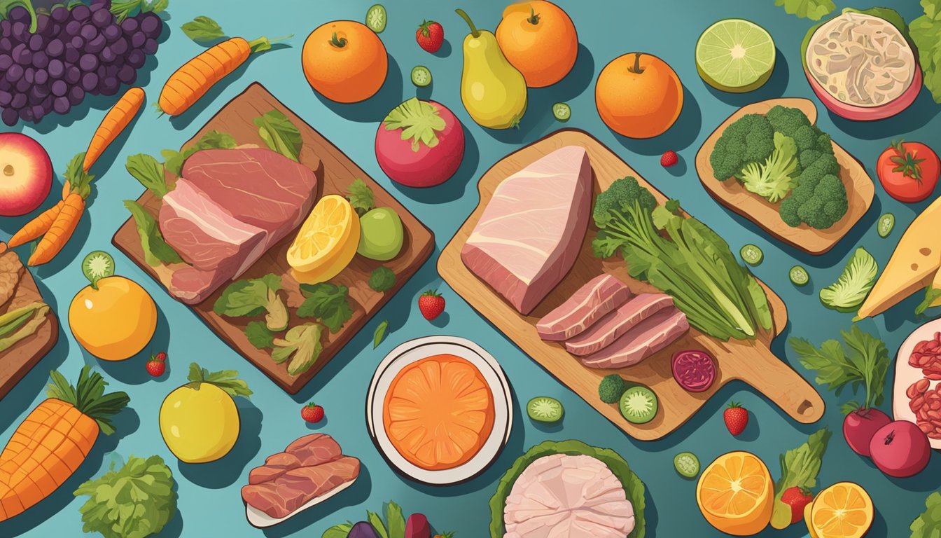 A table split in half, one side piled with colorful fruits and vegetables, the other side with various cuts of meat and bones. A person's hand hesitates between the two