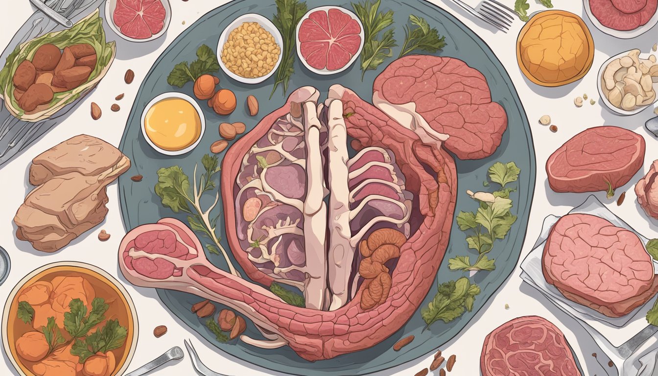 A carnivore diet: a table set with raw meats, bones, and organs. A person's stomach and brain are highlighted, showing the effects of digestion on cognitive function