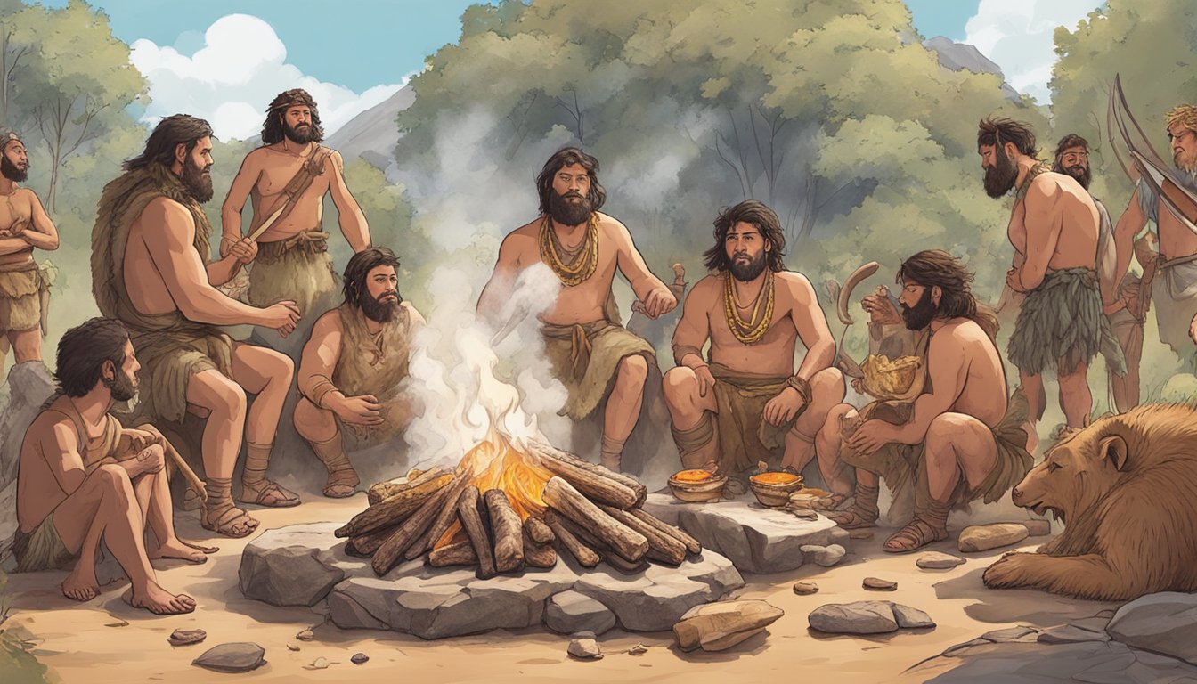 A caveman roasts a large piece of meat over an open fire, surrounded by other tribe members. The air is filled with the aroma of cooking meat as they embrace a meat-only lifestyle