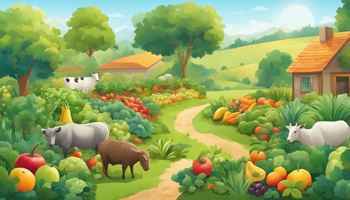 A lush garden with a variety of fruits, vegetables, and grains growing alongside a grassy field with grazing animals, all under a bright sun