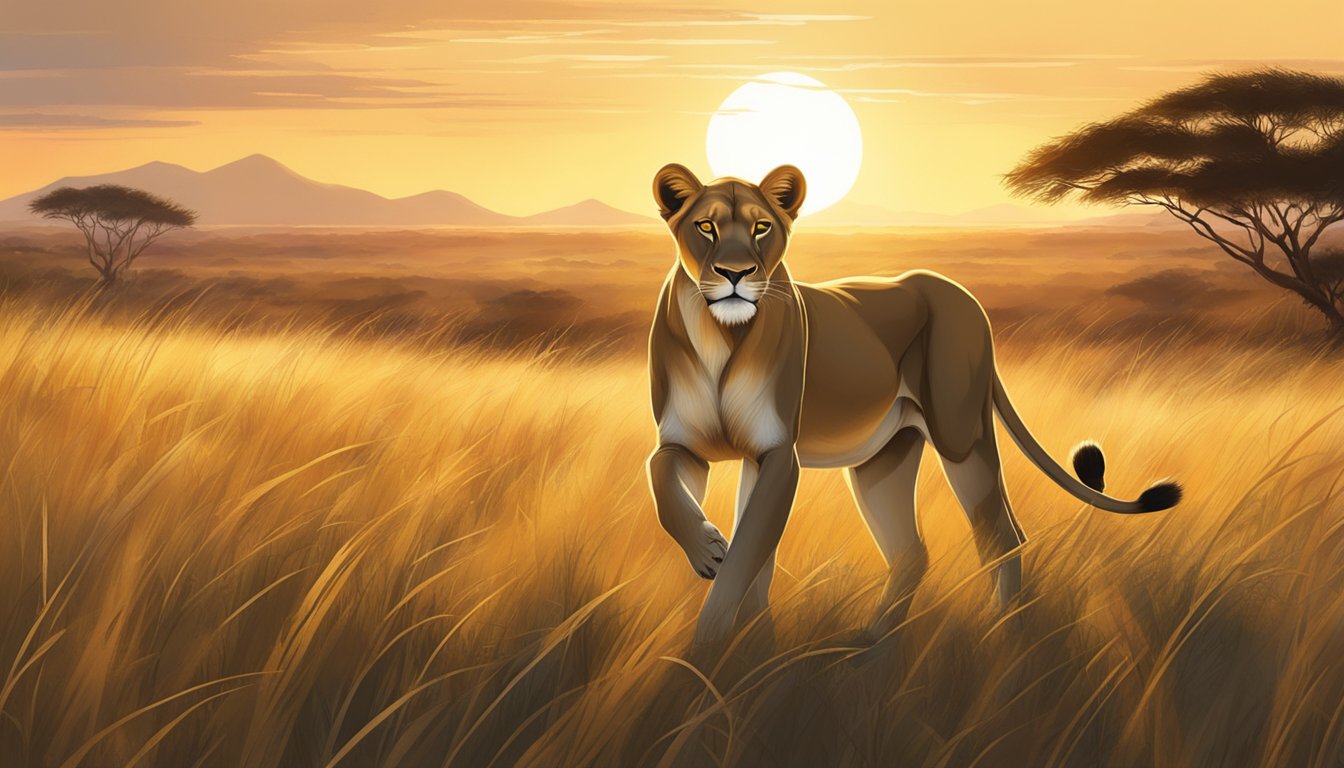 A lioness prowls through a grassy savanna, stalking her prey with focused determination. The sun sets in the distance, casting a warm glow over the scene