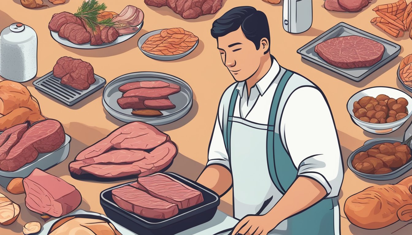 A person surrounded by various cuts of meat, with a scale comparing meat-based diets to other diets in the background