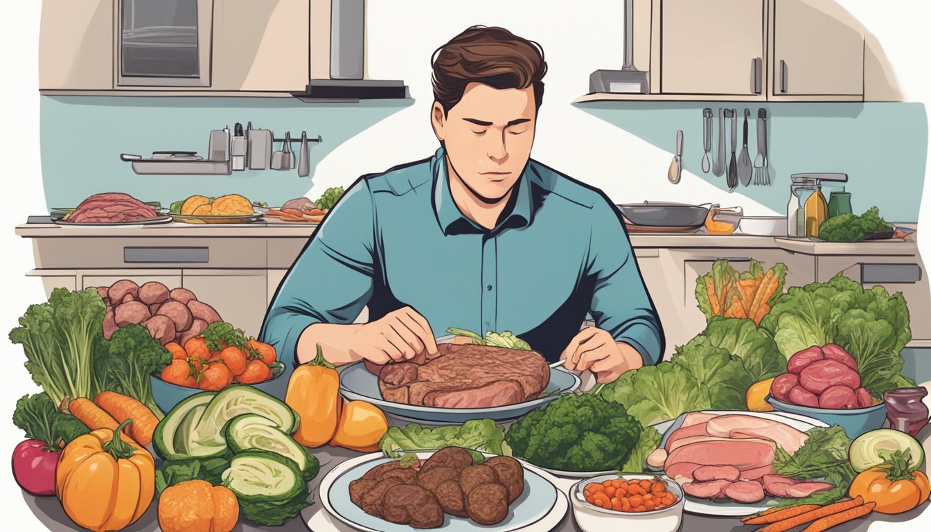 A person surrounded by a variety of meats, with a conflicted expression while looking at a plate of vegetables