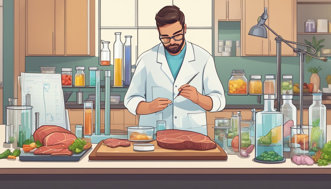 A laboratory setting with test tubes, scales, and charts. A person studying the effects of a meat-only diet on the psychology of eating