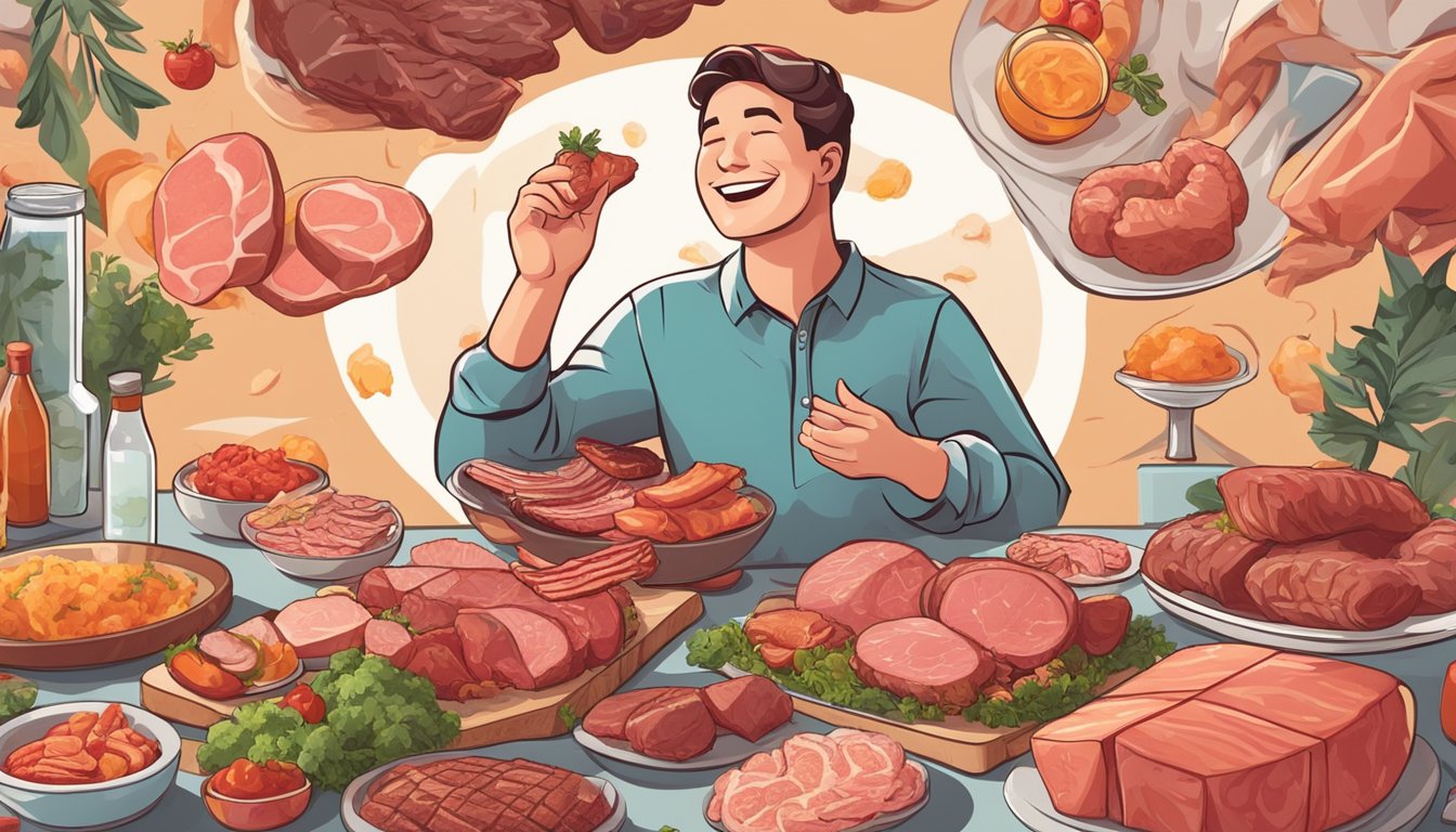 A person enjoying a variety of meat products, surrounded by images of meat and feeling content and happy