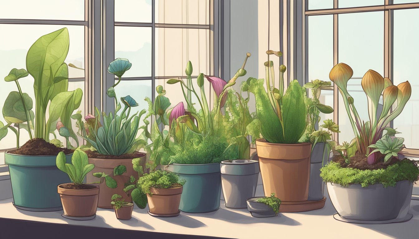 A variety of carnivorous plants arranged on a windowsill, with different containers and soil types for experimentation. Grow lights and a watering can nearby