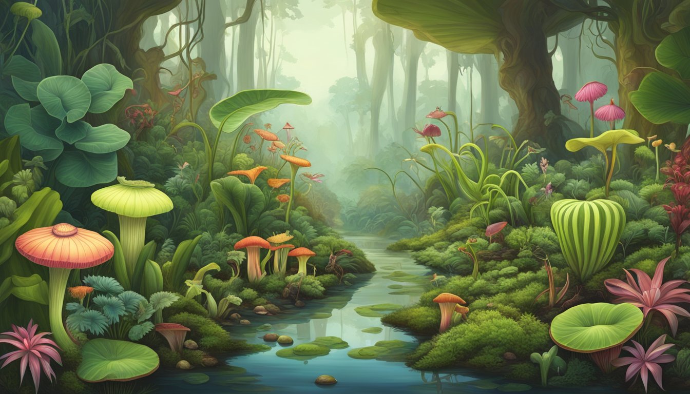 A lush forest with a variety of carnivorous plants, including Venus flytraps and pitcher plants, surrounded by diverse insect life