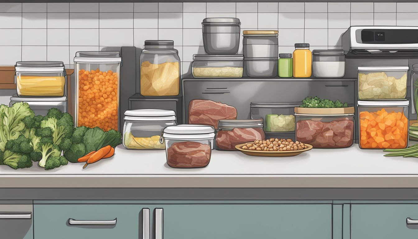 A kitchen counter with neatly arranged containers of prepped meat, vegetables, and condiments. A schedule and meal plan are pinned to the wall