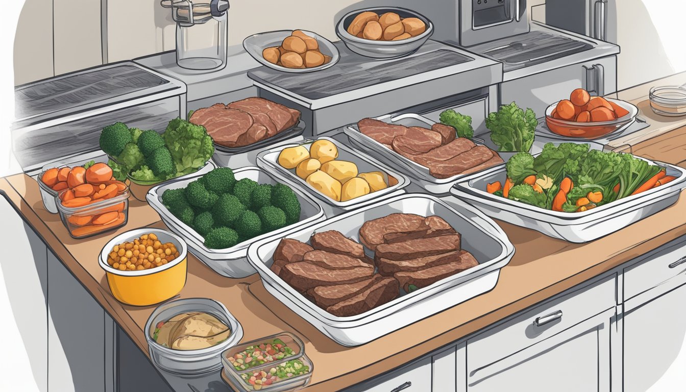 A kitchen counter with neatly arranged containers of prepped meat, vegetables, and other carnivore diet-friendly foods. A weekly schedule and meal plan pinned on the wall