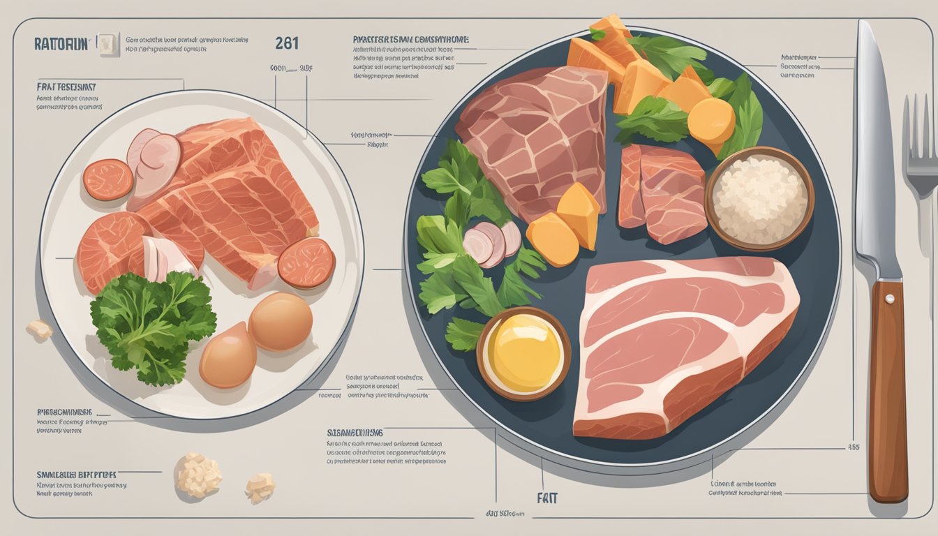 A carnivore diet with varying fat ratios: a plate with a variety of meats, including fatty cuts, alongside a scale showing different fat-to-protein ratios