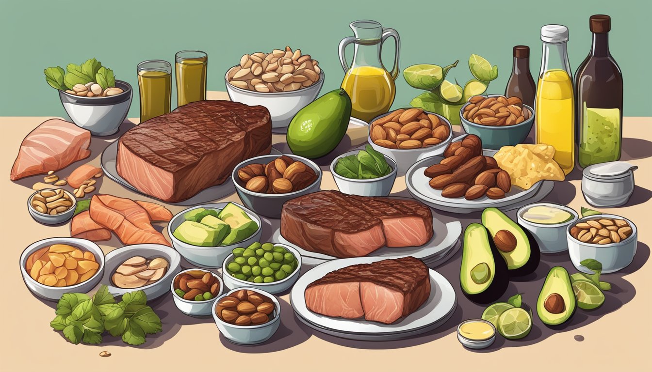 A carnivore's meal plan: a variety of meats (steak, chicken, fish) accompanied by a selection of healthy fats (avocado, olive oil, nuts)