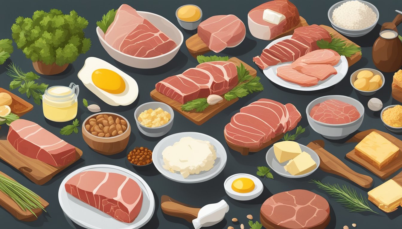 A variety of animal-based foods, such as meat, fish, and eggs, are spread out on a table. Different types of fats, like butter and tallow, are also present for the carnivore diet illustration