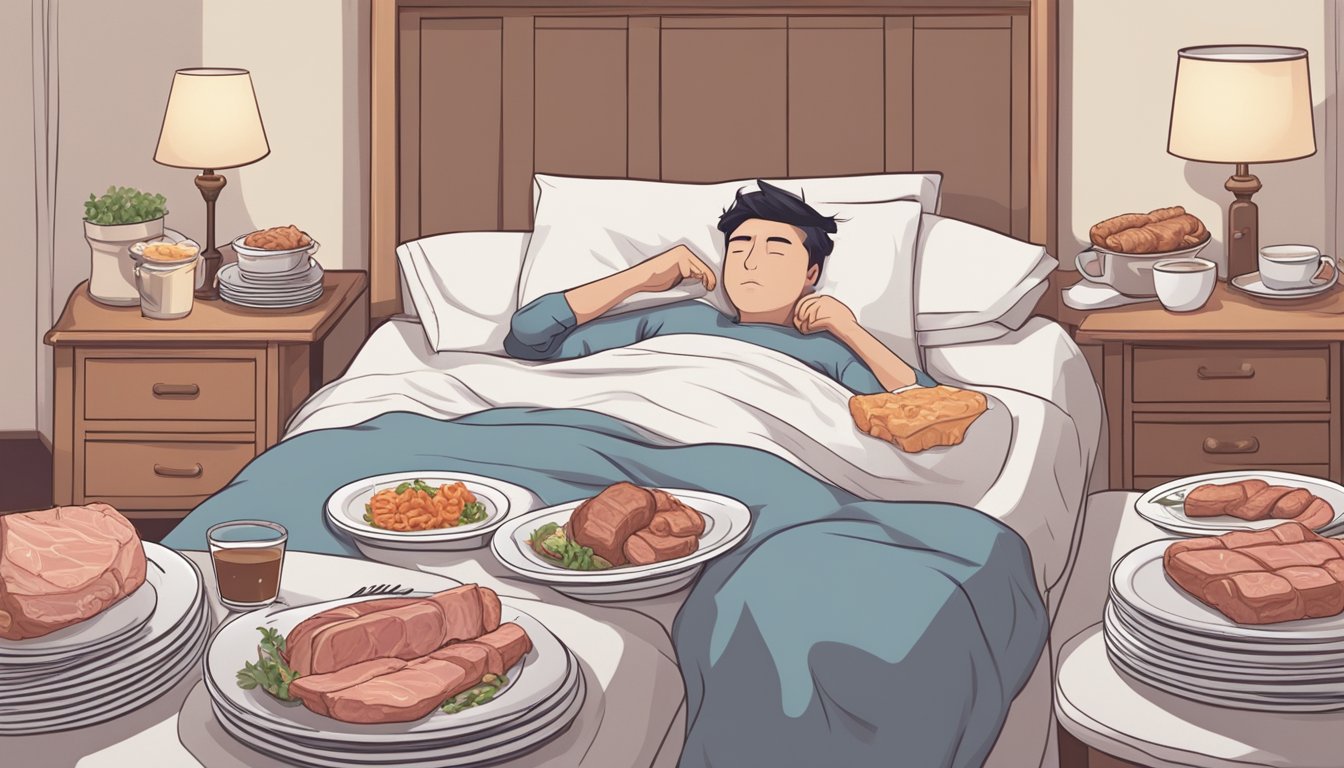 A person lying in bed with a plate of meat next to them, surrounded by empty plates. The person appears restless and unable to sleep